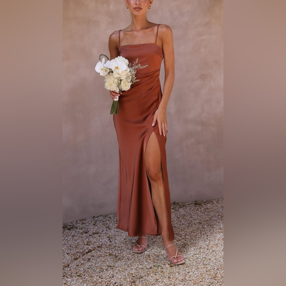Copper/Rust Square Neckline Satin Pleated Maxi Dress NWOT